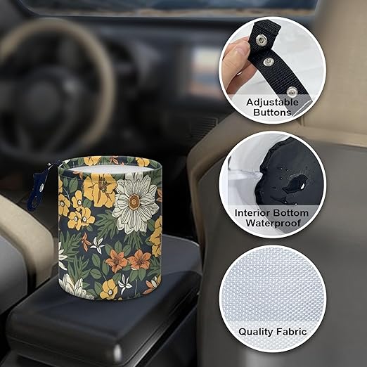 Car Trash Can with Hanging for Back Seat, Car Accessories for Women Men Automotive Garbage Cans Vehicle Trash Can for Truck SUVYellow Flowers
