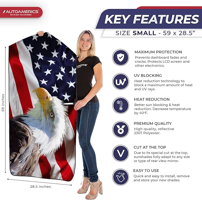 Autoamerics 1-Piece Windshield Sun Shade American Eagle Flag - 2 USA Patriotic Design - Foldable Car Front Window Sunshade for Sedans SUV Truck - Blocks Max UV Rays and Keeps Your Vehicle Cool - Small