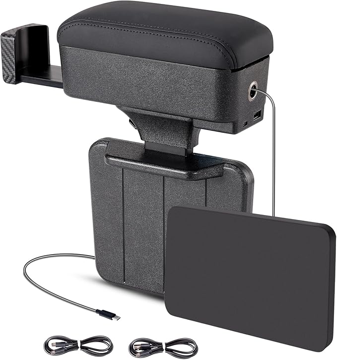 RUPSE Universal Car Armrest Storage Box with Cup Holder, USB/Type-C Ports, Adjustable Wrist Support,Center Console Organizer for Most Vehicles