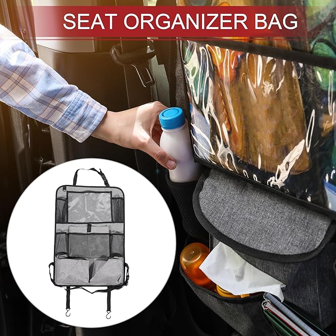 ACROPIX Car Back Seat Organizer Backseat Kick Mat Protector with Touch Screen Tablet Holder 7 Pockets Storage Bag Oxford Cloth Gray - Pack of 2