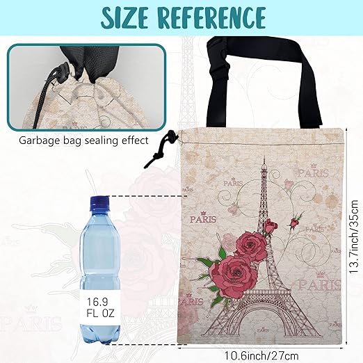 KXWQTRDD Car Trash Bag Pink Eiffel Tower and Roses Leak-Proof Waterproof Car Garbage Bag with Drawstring Foldable Canvas Trash Bin with Adjustable Buckle for Car Accessories, Travelling, Camping