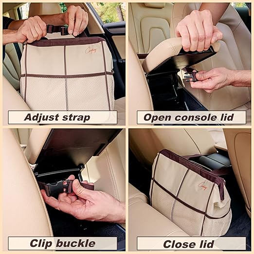 Creathing Leakproof Car Trash Can [3 Gal] Slim Design Garbage Bin– Universal Fit in Cars, Trucks, SUVs, for Floor, Console or Seat Hanging (Beige)