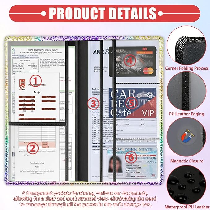 Car Registration Holder, Waterproof PU Leather Vehicle Card Document Glove Box Organizer, Women Interior Auto Accessories Case for Cards, Driver License Car Insurance Holder, Colorful Mandala Pattern