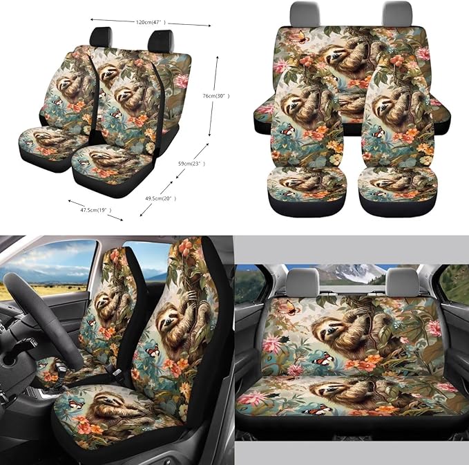 Sloth Butterfly Flower Printed Car Accessories Sets, Universal Front and Rear Split Bench Seat Covers for Cars with Matching Steering Wheel Cover Trash Can Air Vent Storage Bag Coaster