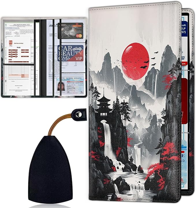Car Registration Holder, PU Leather Vehicle Card Document Glove Box Organizer, Women Interior Auto Accessories Case for Cards, Driver License Car Insurance Holder, Red Moon Japanese Landscape