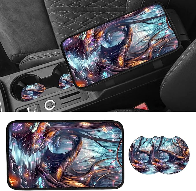 JANENFNA Car Armrest Cover Pads Universal Fashion Cute Auto Center Console Armrest Cover Pad with 2PCS Car Coasters Soft Waterproof Car Armrest Seat Protector for Women,Dream Forest Bridge