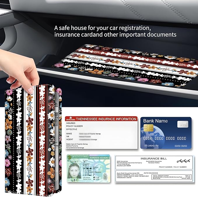 BAUCIWLD Premium Car Registration and Insurance Card Holder, Cute PU Leather Car Document Holder, Vehicle Glove Box Car Organizer with Magnetic Closure for Driver License, Cards Stripe Floral