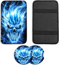 JANENFNA Car Armrest Cover Pads Universal Fashion Cute Auto Center Console Armrest Cover Pad with 2PCS Car Coasters Soft Waterproof Car Armrest Seat Protector for Women,Blue Flame Skull ABC