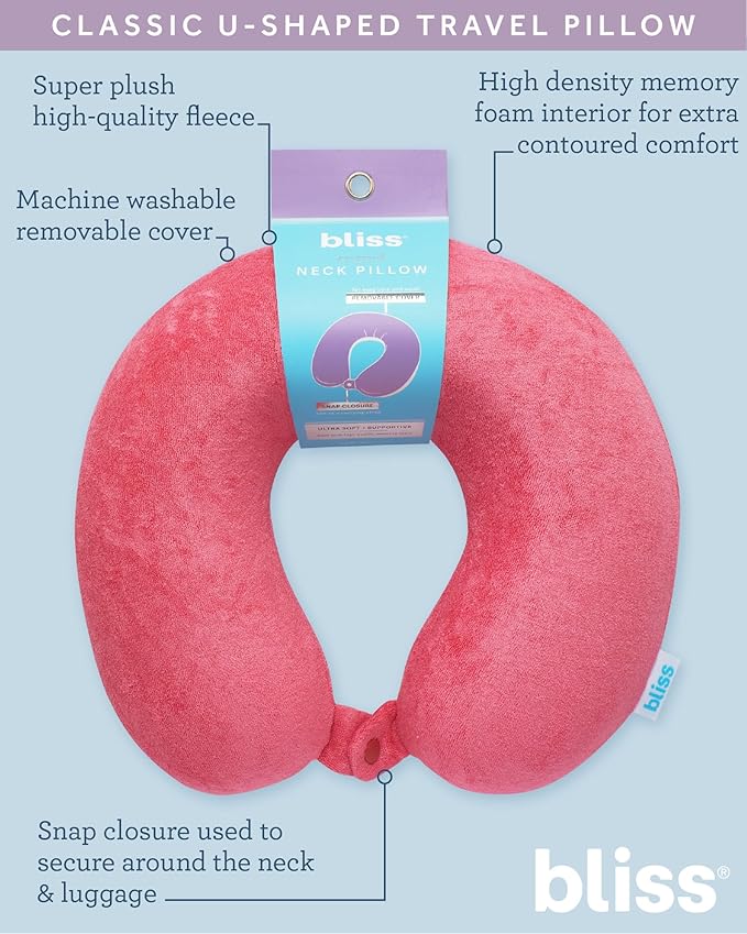Bliss Neck Pillow - Lightweight U-Shaped Memory Foam Travel Neck Pillow with Snap Closure for Airplanes, Traveling, Offices, Cars, Hibiscus Terry