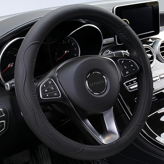 Leather Car Steering Wheel Cover with Anti-Slip Lining Universal 14.5-15 Inch (37-38 cm) Auto Microfiber Protector, Car Accessories for Most Cars, SUVs | Black