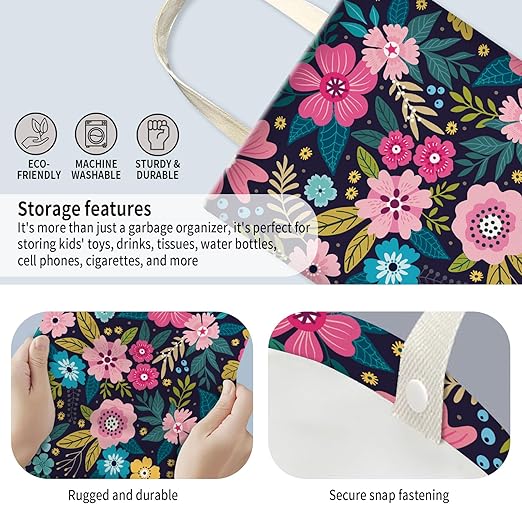 AUEKLLW Car Trash Can, Hanging Garbage Bin for Men and Women, Cute Car Organizer and Storage Bag, Canvas Vehicle Trash Can Bag Easy-to-Install Boho Pink Flowers