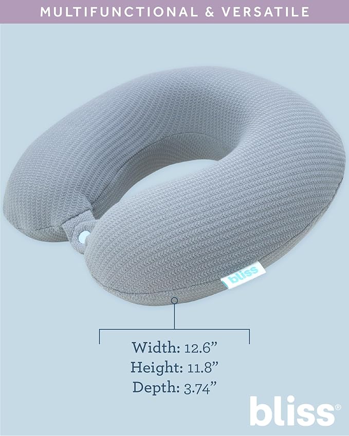 Bliss Neck Pillow - Lightweight U-Shaped Memory Foam Travel Neck Pillow with Snap Closure for Airplanes, Traveling, Offices, Cars, Grey Sweater Knit