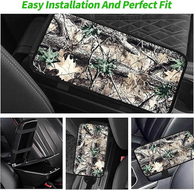 JANENFNA Car Armrest Cover Pads Universal Fashion Cute Auto Center Console Armrest Cover Pad with 2PCS Car Coasters Soft Waterproof Car Armrest Seat Protector for Women,Camouflage Leaves