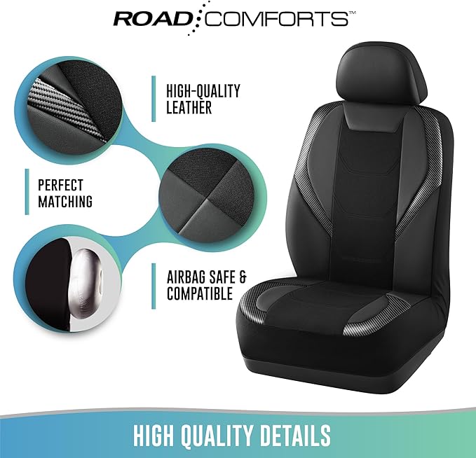 Road Comforts Car Seat Cover, Leather Mesh Front Seat Cover, Universal Fit for Most Cars, SUVs, Trucks, and Vans, Airbag Compatible - Black