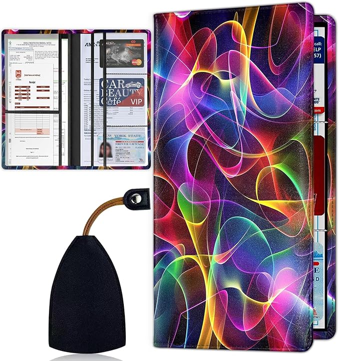Car Registration Holder, Waterproof PU Leather Vehicle Card Document Glove Box Organizer, Women Interior Auto Accessories Case for Cards, Driver License Car Insurance Holder, Abstract Colored Smoke