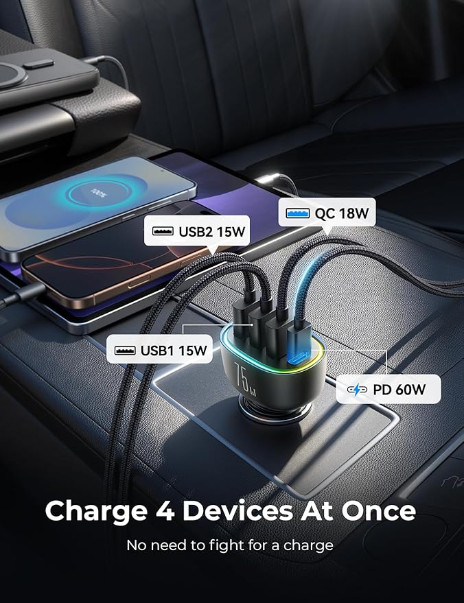75W Car Charger USB C for iPhone 17, Multi Port Cigarette Lighter USB Adapter Fast Car Charger with 3.3ft 60W USB C Cable Fast Charging