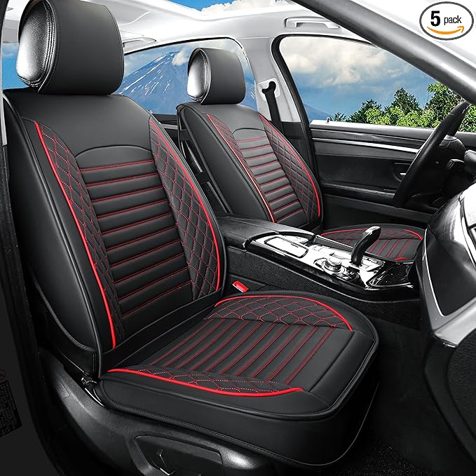 Vankerful Leather Seat Covers for Cars,Car Seat Covers Full Set,Automotive Seat Covers for Trucks,SUV,Leatherette,Universal Fit,Airbag Compatible Vehicles Seats Cushions(Full Set,Black-Red)
