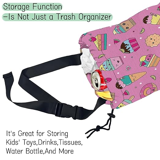 NHNXHWIA Sweets Ice Cream Car Garbage Bag,Kawaii Dessert Waterproof Small Car Trash Bag Hanging Back of Seat,Drawstring Hanging Car Trash Bag with Adjustable Buckle for Car Accessories