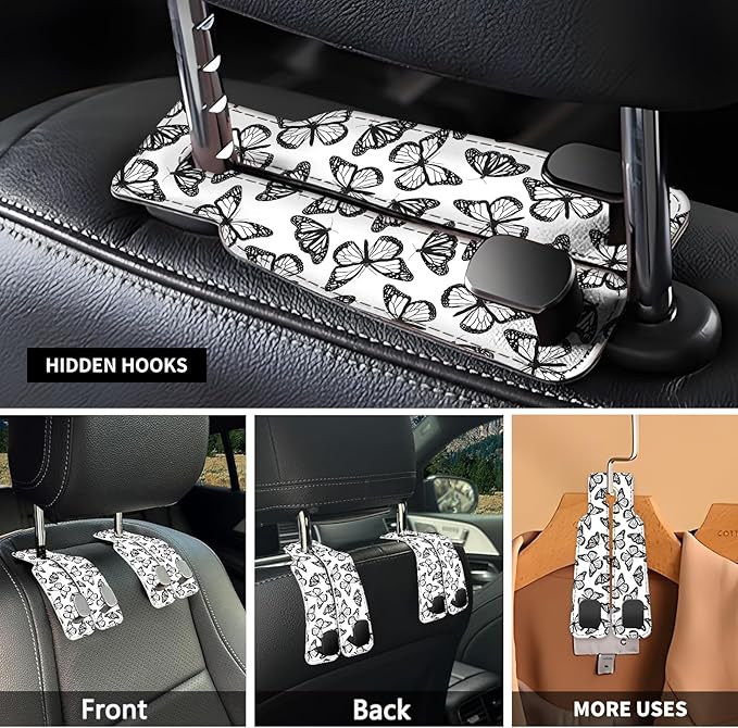 NUGGHU Car Seat Headrest Hook, Universal Leather Cute Hanger Holder Hook, Storage Organizer Interior Accessories for Purse Bags Handbag Black White Cute Butterfly