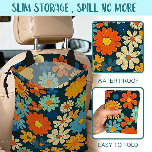 KXWQTRDD Car Trash Bag Colorful Daisy Flowers Leak-Proof Car Garbage Bag with Drawstring Foldable Canvas Trash Bin with Adjustable Buckle for Car Accessories, Travelling, Camping