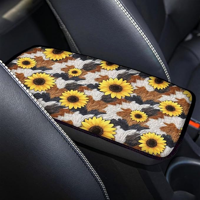 Sunflower Cow Print Center Console Cover Car Center Console Cover Fashion Auto Interior Protect from Pet Claws Car Console Covers Fit for Most Cars, Vehicles, SUVs