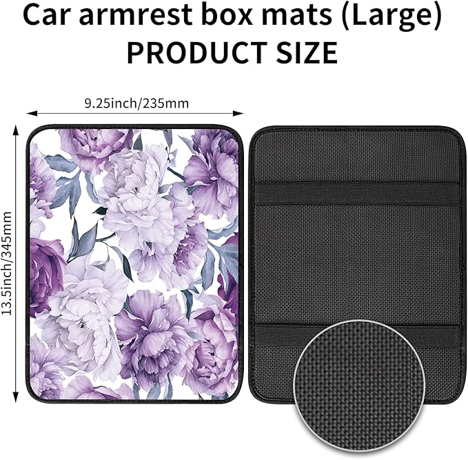 Car Center Console Cover, Universal Soft Large Neoprene Auto Armrest Seat Box Cover, Funny Car Decor Accessories Fit for Most Cars, Vehicles, SUVs Cute Purple Floral