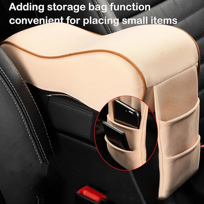 SPANICE Auto Center Console Armrest Pillow Pad, Car Armrest Cushion Soft Memory Foam with Phone Holder Storage, Pockets Bag Seat Cushion Universal Fit for Most Car (Beige)