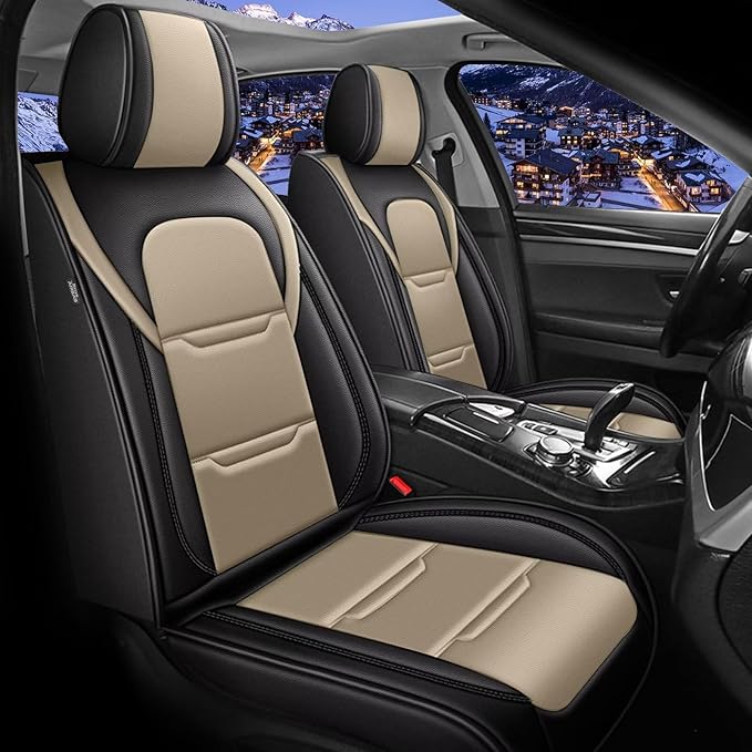 YORKNEIC 2 Front Car Seat Covers for Kia K5 2021-2024 2025 Faux Leather Waterproof Seat Covers Automotive Seat Protectors Cushions with Airbag Compatible(2 Front Seat,Black&Beige)