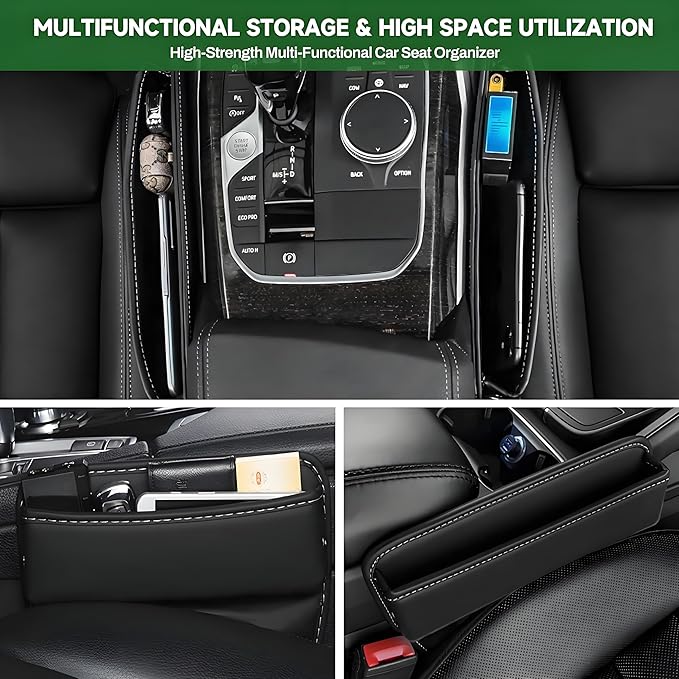 AIUSLN 2026 Upgraded 2 PC(L+R) Premium Leather Car Seat Gap Filler Organizer, Car Seat Gap Plug with Storage Slot Cup Holder Gap Bag Front Seat for Phone Glasses Keys Car/SUV/Truck Christmas Gifts