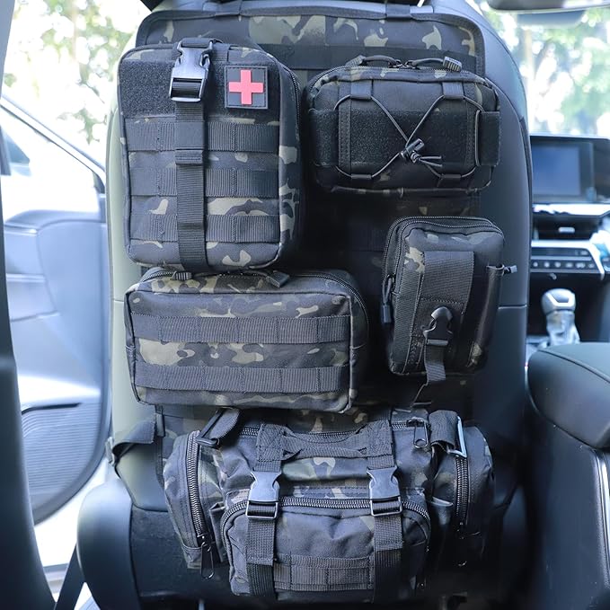 BXBXHD 6 Pack Tactical Truck Organizer Back Seat Storage Car Seat Storage Bag Molle Panels for vehicles, Car and SUV with Lots of Handy Compartments (Black Camo)