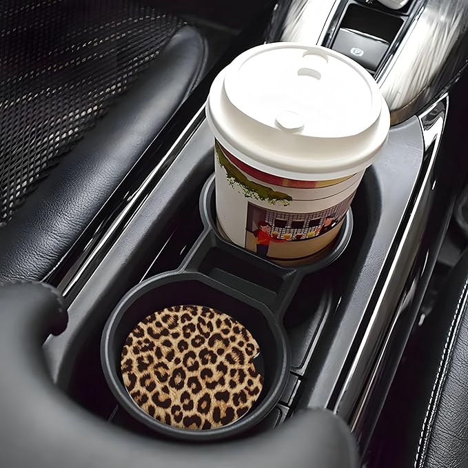 HUWAAI Leopard Print Car Cup Holder Coasters 2 Pack Universal 2.63 Inch Anti Slip Ceramic Absorbent Coaster with Cork Base and Finger Notch Cute Car Accessories Interior for Women
