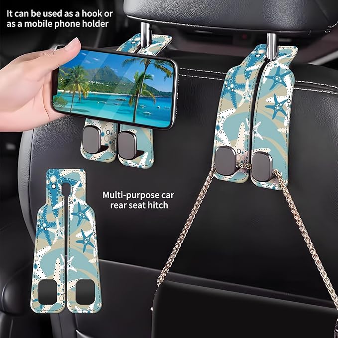 AXBSAKDI Car Seat Back Storage Headrest Hook, Premium Leather Double Metal Hook, Hanger Storage Organizer for Purse Cloth Bag, Car Interior Accessories Cute Blue Seastar
