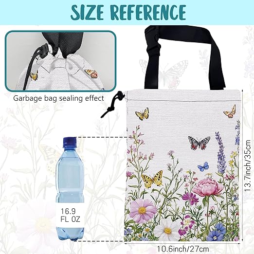 KXWQTRDD Car Garbage Bag Watercolor Butterfly Wildflower Drawstring Car Trash Bag Hanging for Back Seat with Adjustable Buckle Canvas Vehicle Trash Can Easy-to-Install