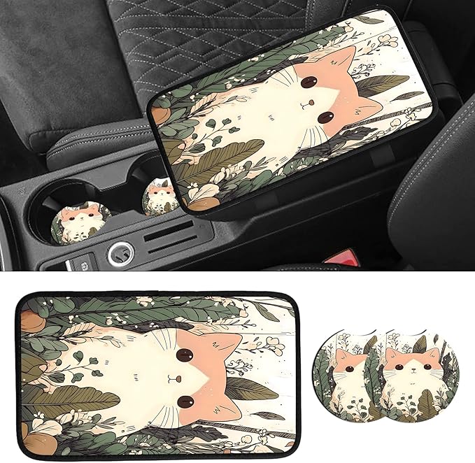 JANENFNA Car Armrest Cover Pads Universal Fashion Cute Auto Center Console Armrest Cover Pad with 2PCS Car Coasters Soft Waterproof Car Armrest Seat Protector for Women,Cute Cat in Flowers