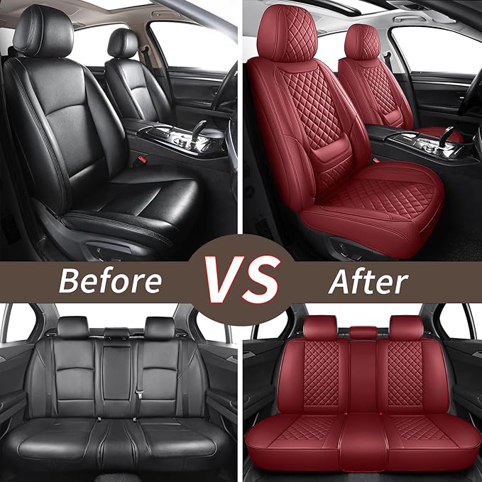 hoozoom Leather Car Seat Covers Full Set Breathable Automotive Seat Covers Waterproof Seat Protectors Universal Fit for Most Automotive Cars SUV Trucks Van(Red, Full Set)