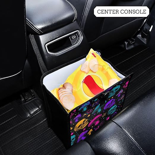 Car Trash Can Organizer Bin with Adjustable Strap for Back Front Seat Console Waterproof Leakproof Collapsible Portable 8.66 Inch Neon-colored Skulls Stars Mushrooms