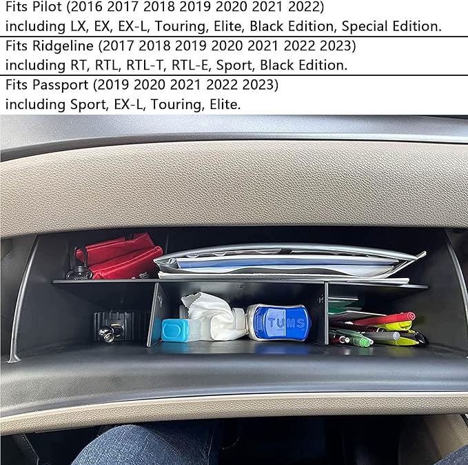 EDBETOS Glove Box Dividers Organizer Compatible with Honda Pilot 2016-2020 2021 2022/ Ridgeline 2017-2023/ Passport 2019-2023 Accessories Double Compartment Optimize Interior Storage Space