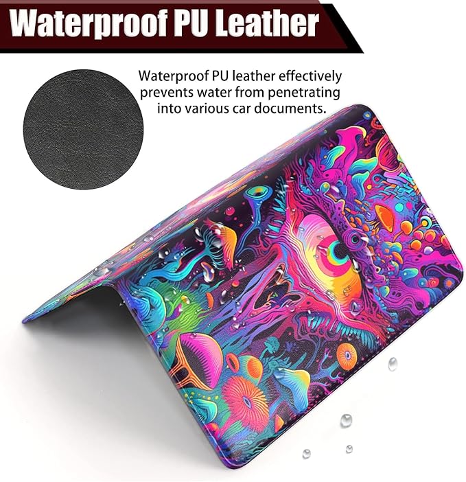 Car Registration and Insurance Holder, PU Leather Auto Document Holder for Men&Women, Vehicle Glove Box Compartment Organizer with Magnetic Shut for Driver's License, Trippy Mushrooms Pattern