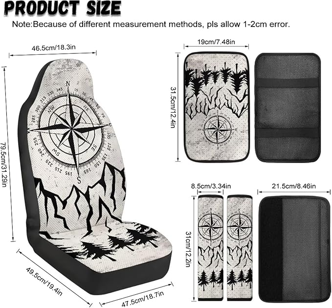 Qeluxign Air Mesh Car Seat Covers & Accessories 5-Piece Set 2 Seat Covers, 2 Shoulder Belt Pads, 1 Console Pad PU Leather Car Interior Set for Women,Compass Mountain Pine Tree