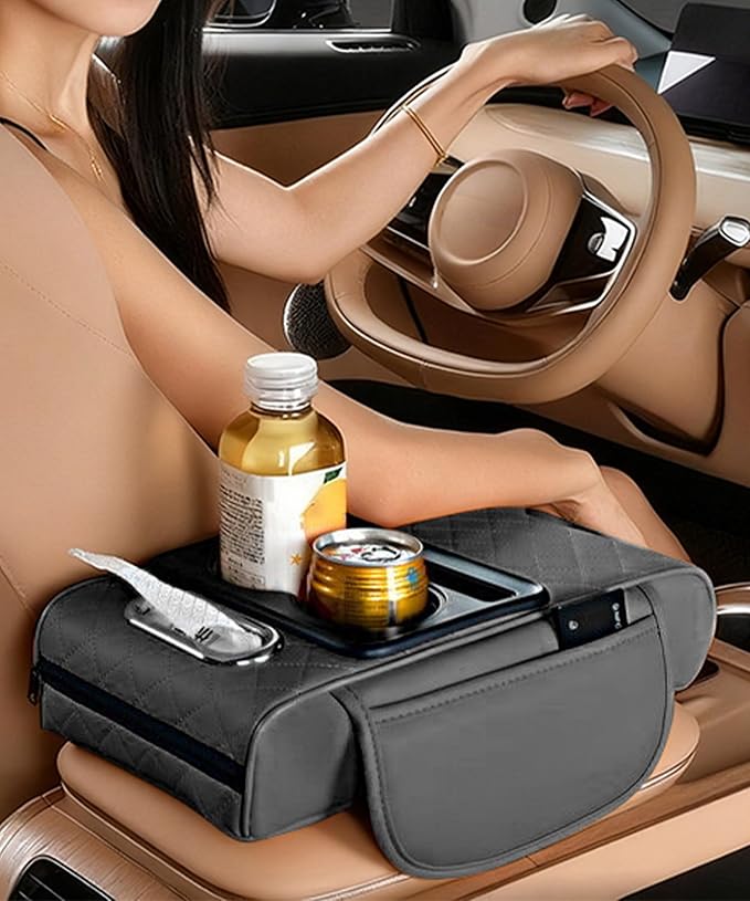 Car Armrest Storage Box,Car Accessories Console Organizers and Storage,Universal Waterproof Leather Console Cover with Cup Holder and Phone Holder,Suitable for Most Cars (Embroidered, Black)