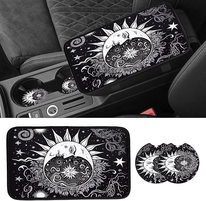 JANENFNA Car Armrest Cover Pads Universal Fashion Cute Auto Center Console Armrest Cover Pad with 2PCS Car Coasters Soft Waterproof Car Armrest Seat Protector for Women,Black White Sun and Moon