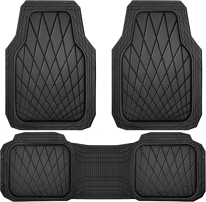 CAR PASS Heavy Duty Rubber Car Floor Mats, Waterproof Universal Trim-to-Fit Car Mats All Weather Floor Mats for SUV Truck Sedan, Premium Auto Floor Mats Full Set 3 Piece Anti-Slip, Solid Pure Black