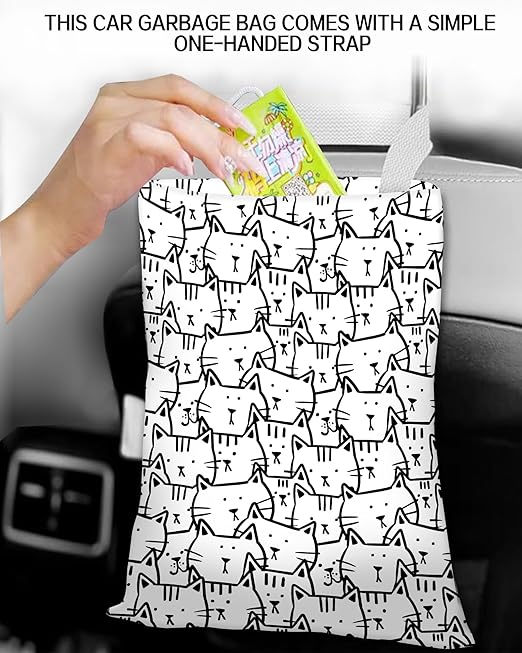 ANKVRP Car Trash Can, Durable Hanging Car Trash Garbage Bag, Cute Automotive Garbage Cans Organizer, Black White Cartoon Cats