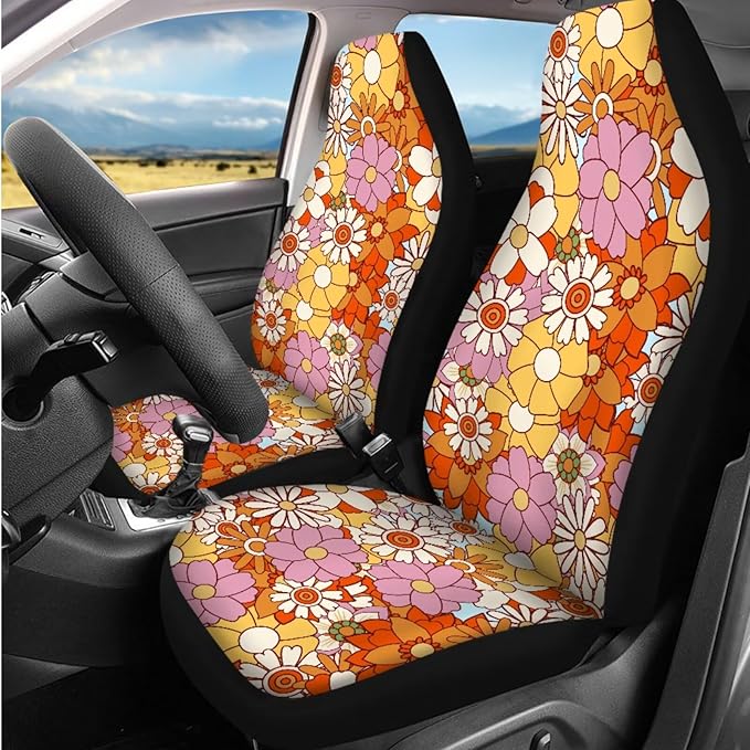 Dngkaoje Hippie Daisy Car Seat Cover Set 13 Pack Stylish Daisy Print Auto Front Rear Seat Protector Full Set Universal Car Accessories for Women with Seatbelt Pads,Steering Wheel Covers,Garbage Bin