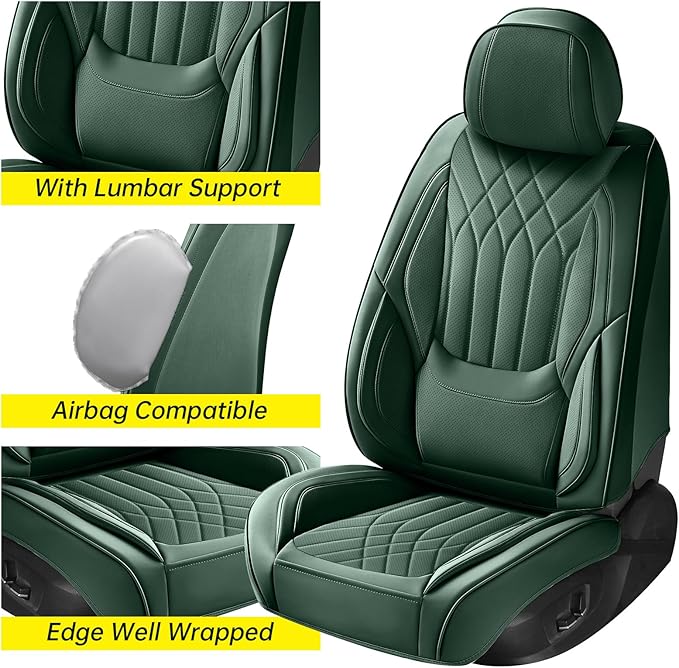 GEZHOUBA Green Car Seat Covers Full Set, Full Coverage Luxury Leather Green Seat Covers for Front and Rear Car Seats Waterproof Anti-Slip Cover Set Universal Fit for Most 5-Seater Cars SUVs