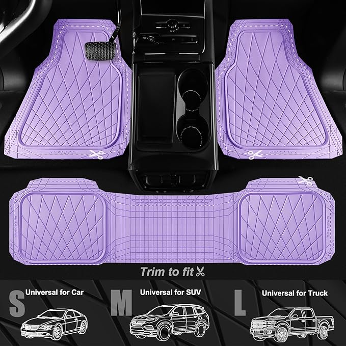 CAR PASS Heavy Duty Rubber Car Floor Mats, Deep Dish All Weather Car Mats Full Set, 3 Piece Waterproof Premium Anti-Slip Floor Mats Rugs Universal Trim to Fit for 95% Sedan SUV Van Truck, All Purple