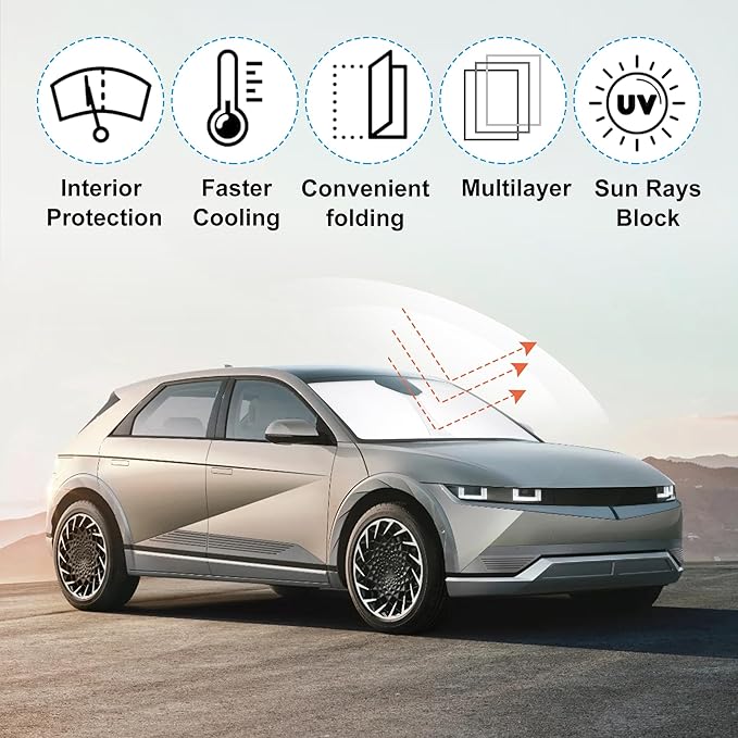 Windshield Sun Shade Custom Fit for 2022 2023 2024 2025 2026 Hyundai Ioniq 5 Accessories Foldable Sunshade Sun Blocker Protect Car from Sun Rays & Heat Damage Keep Car Cooler 34.5‘’x58.5‘’
