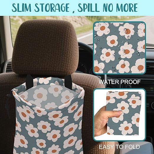 KXWQTRDD Car Garbage Bag Vintage Blue Floral Daisy Hanging Canvas Car Trash Bag Waterproof Drawstring Car Back Seat Organizer for Car Back Front Seat Console with Adjustable Buckle