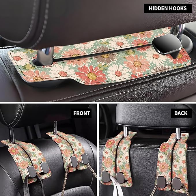 AXBSAKDI Car Seat Back Storage Headrest Hook, Premium Leather Double Metal Hook, Hanger Storage Organizer for Purse Cloth Bag, Car Interior Accessories Cute Retro Flowers