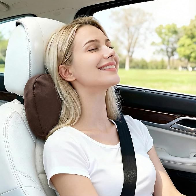 2PCS Car Pillow for Car Neck Pillow for Driving Seat Leather Neck Support Soft Cushion Back Support Head-Rests for Vehicle Sleeping with Elastic Adjustment Strap (Coffee, Head)